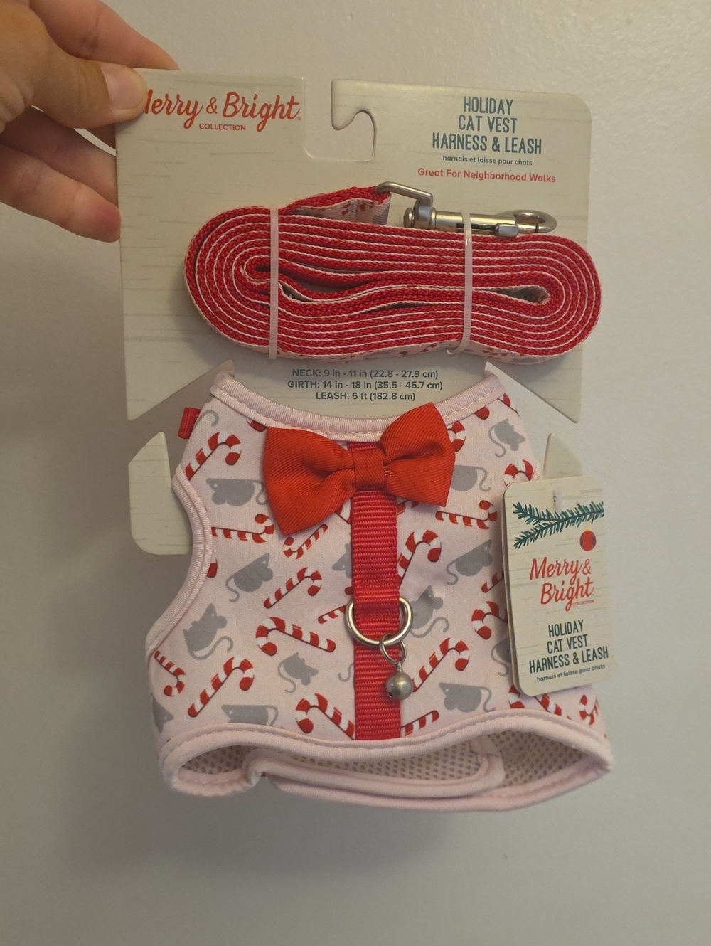 Merry & Bright Holiday Cat Vest Harness & Leash - Red Bow Candy Cane